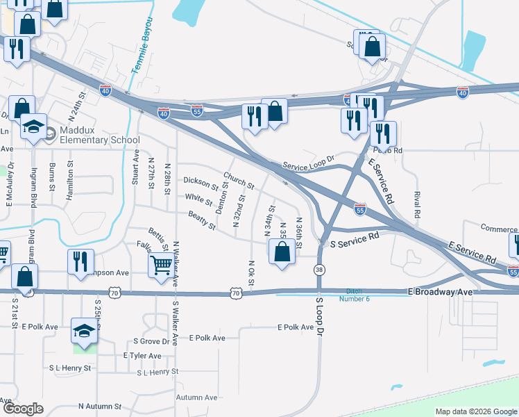 map of restaurants, bars, coffee shops, grocery stores, and more near 3303 Church Street in West Memphis