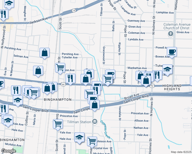 map of restaurants, bars, coffee shops, grocery stores, and more near 665 Franklin Street in Memphis