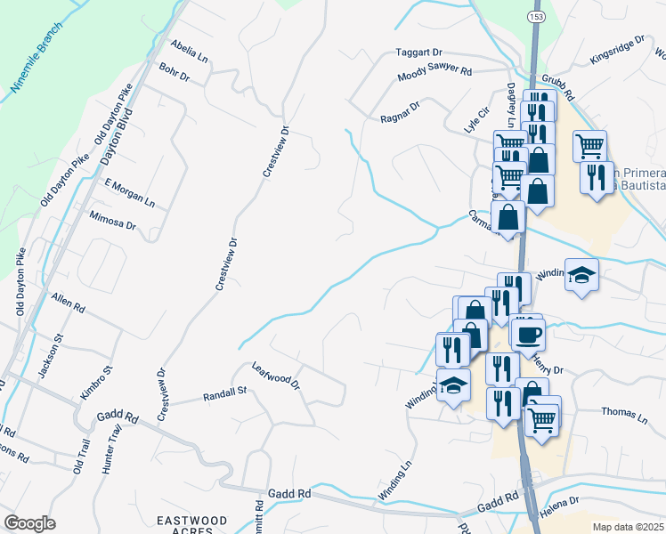 map of restaurants, bars, coffee shops, grocery stores, and more near 5419 Moody Sawyer Road in Chattanooga