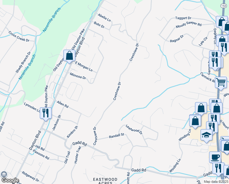 map of restaurants, bars, coffee shops, grocery stores, and more near 5601 Crestview Drive in Chattanooga