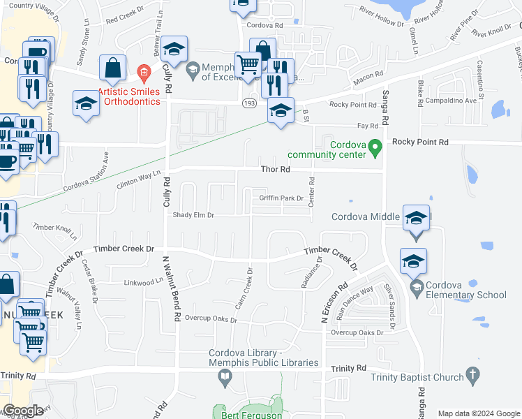 map of restaurants, bars, coffee shops, grocery stores, and more near 8516 Shady Elm Drive in Memphis