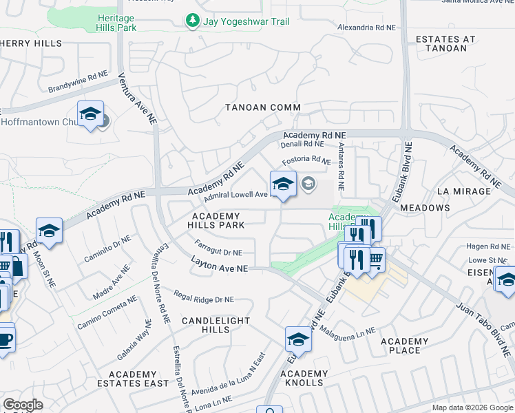 map of restaurants, bars, coffee shops, grocery stores, and more near 9612 Admiral Lowell Avenue in Albuquerque