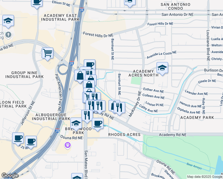 map of restaurants, bars, coffee shops, grocery stores, and more near 6302 Harper Drive Northeast in Albuquerque