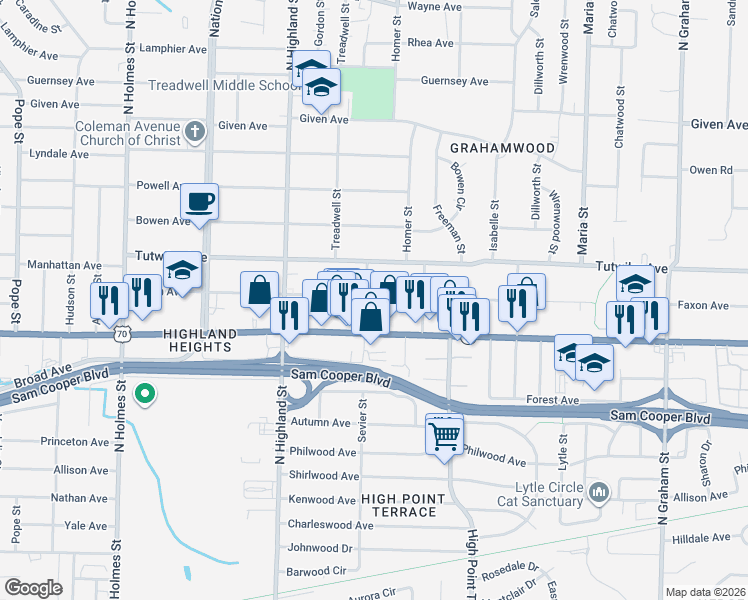 map of restaurants, bars, coffee shops, grocery stores, and more near 3628 Faxon Avenue in Memphis