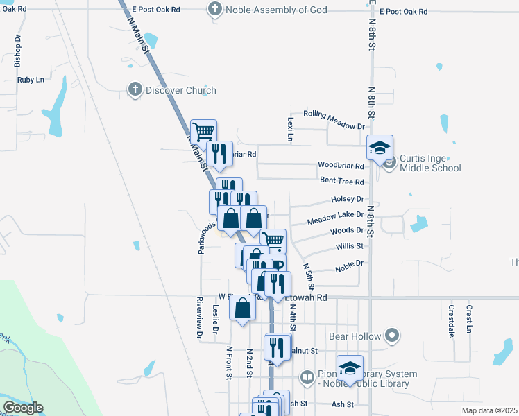 map of restaurants, bars, coffee shops, grocery stores, and more near 1013 Aspen Court in Noble