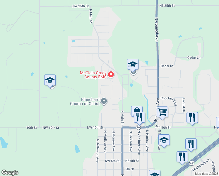 map of restaurants, bars, coffee shops, grocery stores, and more near 301 Blanchard Drive in Blanchard