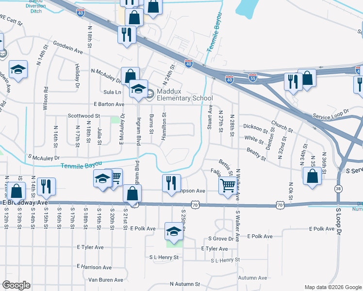 map of restaurants, bars, coffee shops, grocery stores, and more near 2502 Gathings Drive in West Memphis