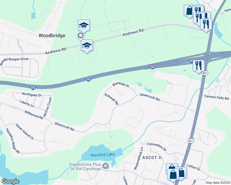 map of restaurants, bars, coffee shops, grocery stores, and more near 6223 Dunbane Court in Fayetteville