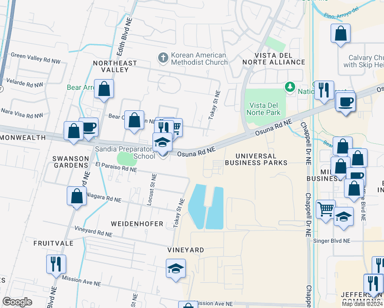 map of restaurants, bars, coffee shops, grocery stores, and more near 800 Osuna Road Northeast in Albuquerque