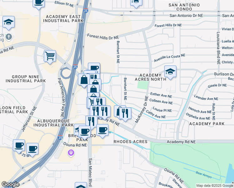 map of restaurants, bars, coffee shops, grocery stores, and more near 6302 Harper Drive Northeast in Albuquerque