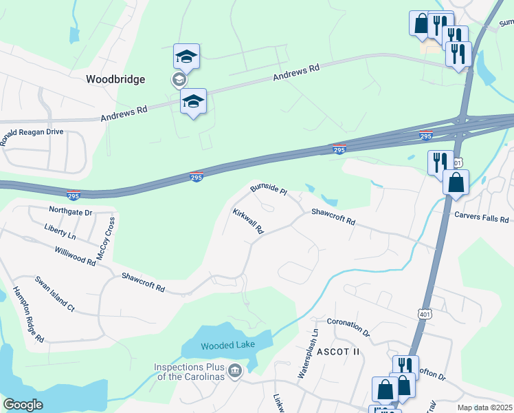map of restaurants, bars, coffee shops, grocery stores, and more near 6223 Dunbane Court in Fayetteville