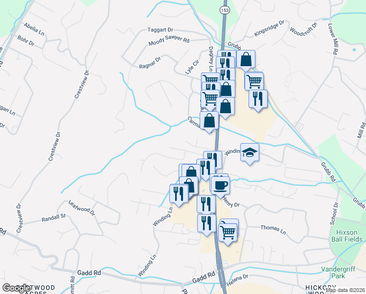 map of restaurants, bars, coffee shops, grocery stores, and more near 805 Gloria Lane in Chattanooga