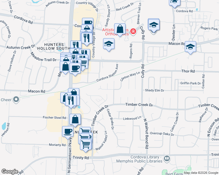 map of restaurants, bars, coffee shops, grocery stores, and more near 943 Begall Cove in Memphis