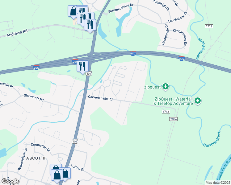 map of restaurants, bars, coffee shops, grocery stores, and more near 6240 Abbotts Park Drive in Fayetteville