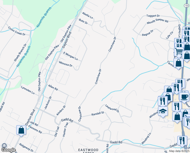map of restaurants, bars, coffee shops, grocery stores, and more near 5601 Crestview Drive in Chattanooga