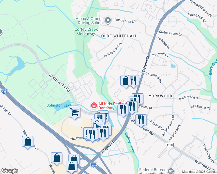 map of restaurants, bars, coffee shops, grocery stores, and more near 7618 Fallow Lane in Charlotte