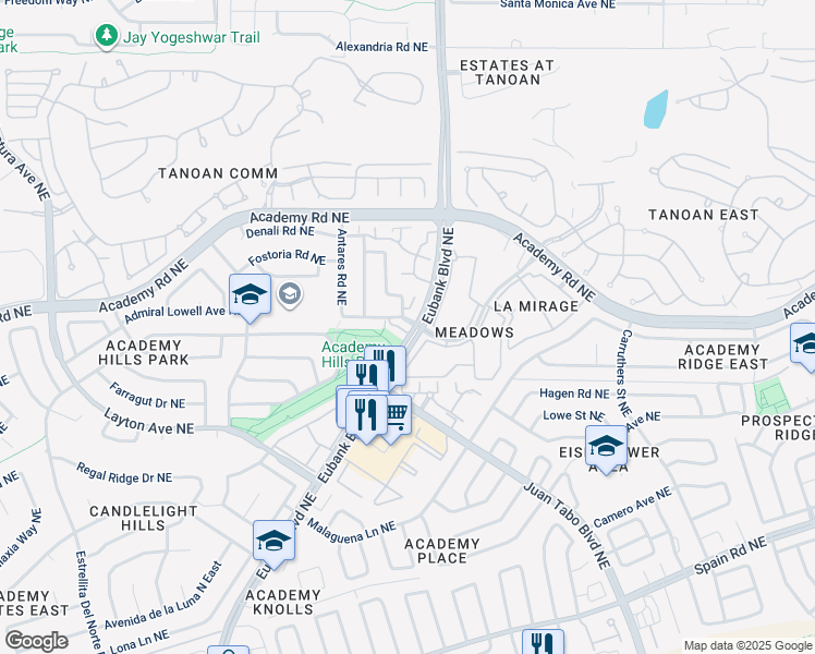 map of restaurants, bars, coffee shops, grocery stores, and more near 6304 El Camino Real Northeast in Albuquerque