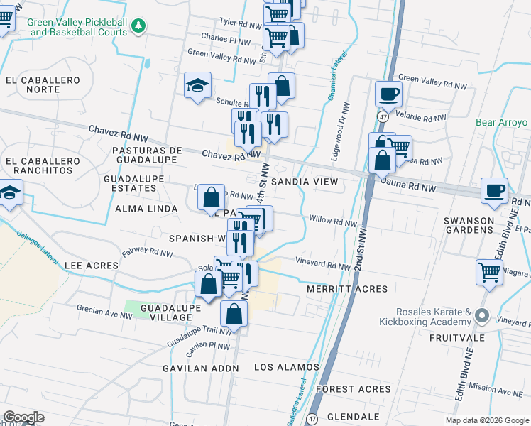 map of restaurants, bars, coffee shops, grocery stores, and more near 351 Willow Road Northwest in Los Ranchos de Albuquerque