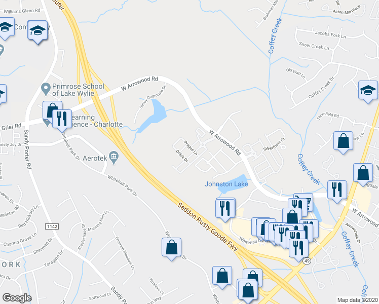 map of restaurants, bars, coffee shops, grocery stores, and more near 8008 Whitehall Executive Center Drive in Charlotte