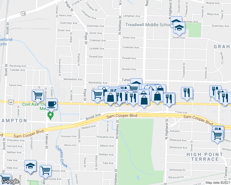 map of restaurants, bars, coffee shops, grocery stores, and more near 688 Atlantic Street in Memphis
