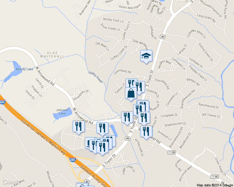 map of restaurants, bars, coffee shops, grocery stores, and more near 7603 Fallow Lane in Charlotte