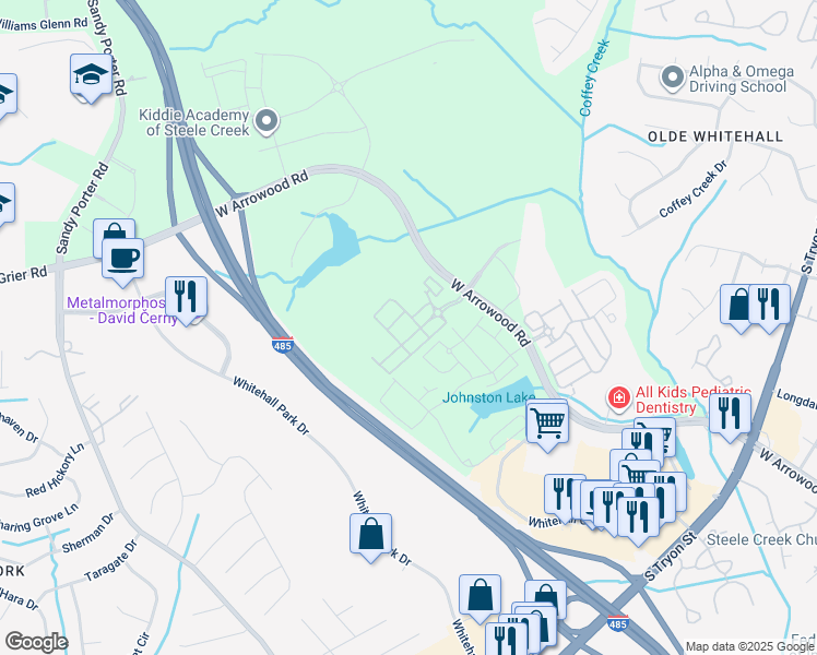 map of restaurants, bars, coffee shops, grocery stores, and more near 8024 Whitehall Executive Center Drive in Charlotte