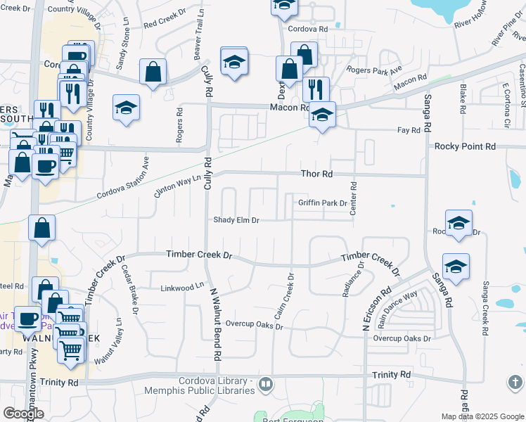map of restaurants, bars, coffee shops, grocery stores, and more near 946 Aspen Meadow Cove in Memphis