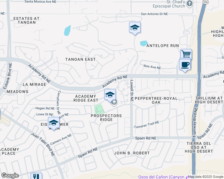 map of restaurants, bars, coffee shops, grocery stores, and more near 11449 Malaguena Lane Northeast in Albuquerque