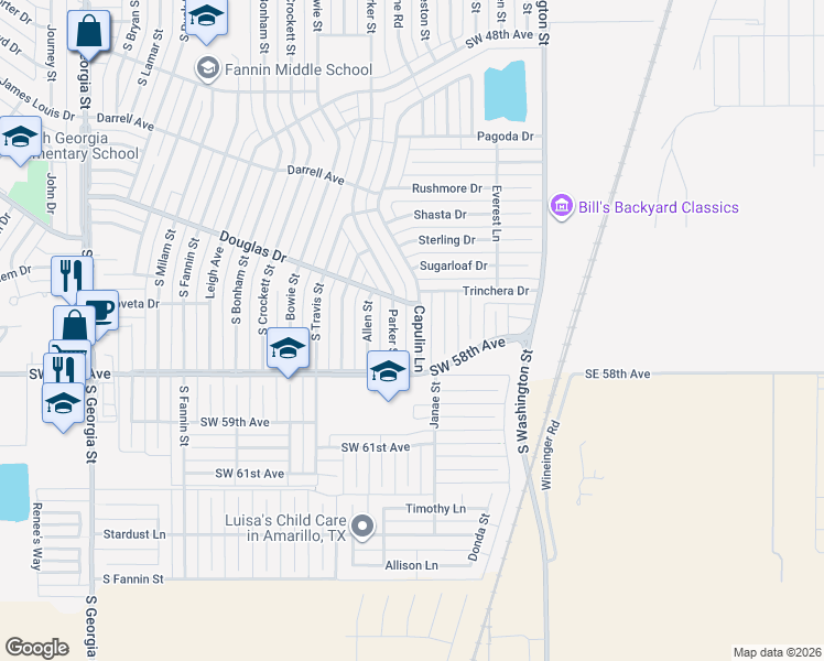 map of restaurants, bars, coffee shops, grocery stores, and more near 5321 Capulin Lane in Amarillo