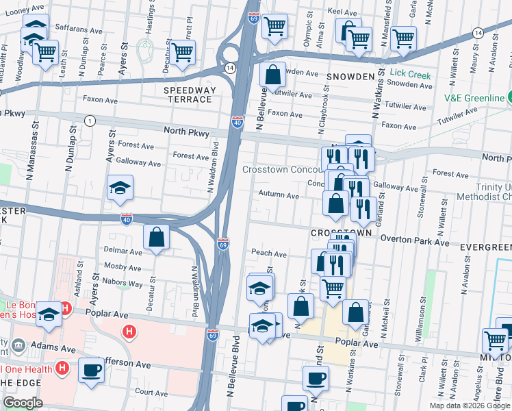 map of restaurants, bars, coffee shops, grocery stores, and more near 426 North Bellevue Boulevard in Memphis