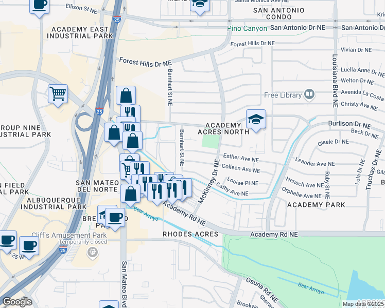 map of restaurants, bars, coffee shops, grocery stores, and more near 6312 Esther Avenue Northeast in Albuquerque