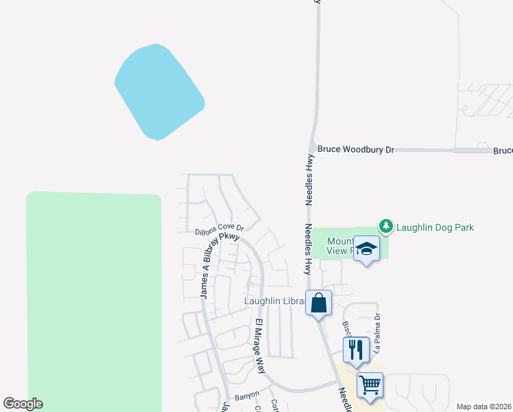 map of restaurants, bars, coffee shops, grocery stores, and more near 2556 Morrow Ridge Place in Laughlin