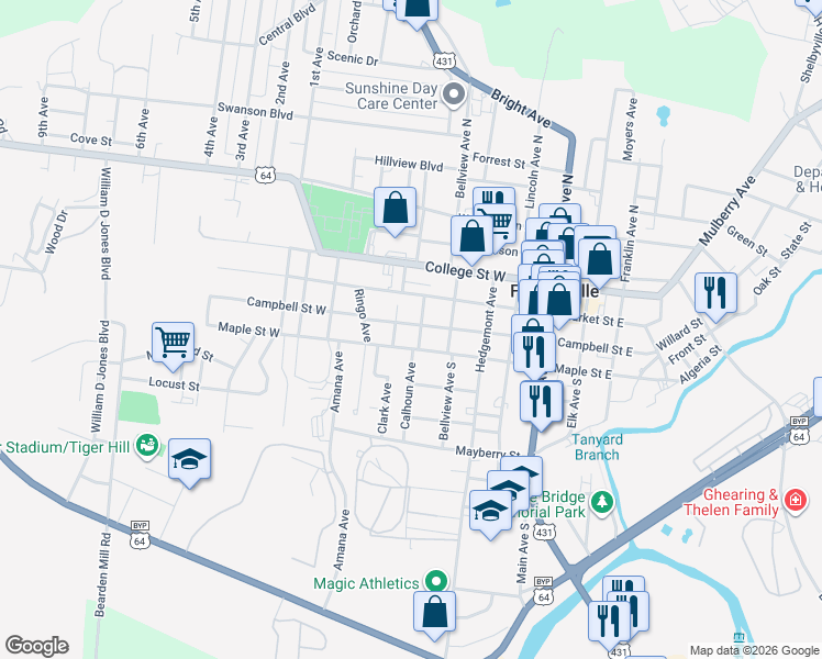 map of restaurants, bars, coffee shops, grocery stores, and more near 415 Campbell Street West in Fayetteville