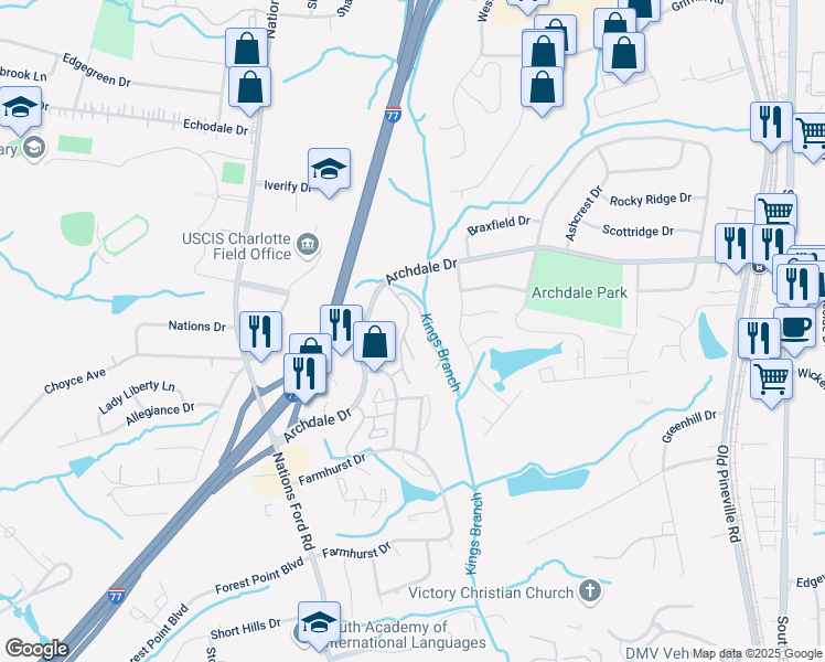 map of restaurants, bars, coffee shops, grocery stores, and more near 626 Archdale Drive in Charlotte