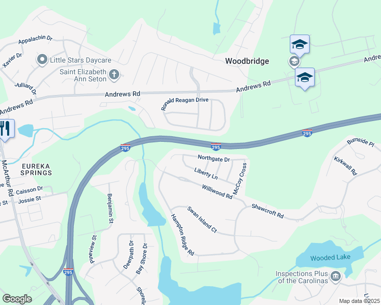 map of restaurants, bars, coffee shops, grocery stores, and more near 3249 Northgate Drive in Fayetteville