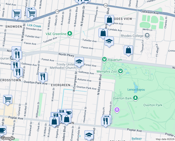 map of restaurants, bars, coffee shops, grocery stores, and more near 1774 Galloway Avenue in Memphis