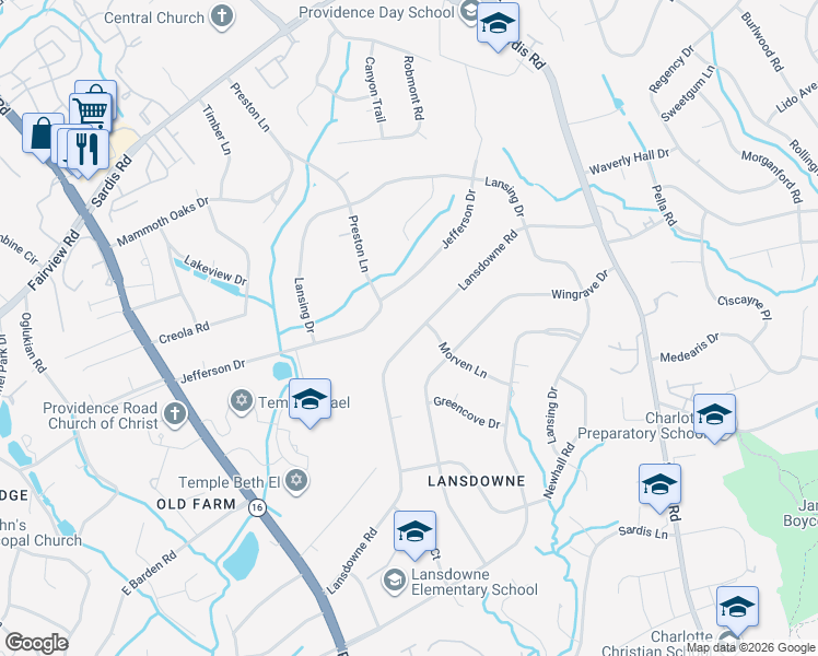 map of restaurants, bars, coffee shops, grocery stores, and more near 510 Lansdowne Road in Charlotte