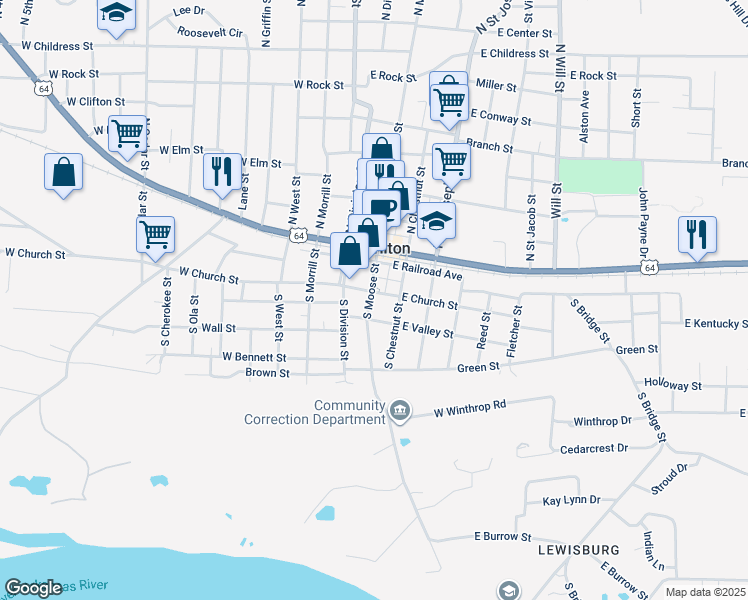 map of restaurants, bars, coffee shops, grocery stores, and more near 200 East Church Street in Morrilton