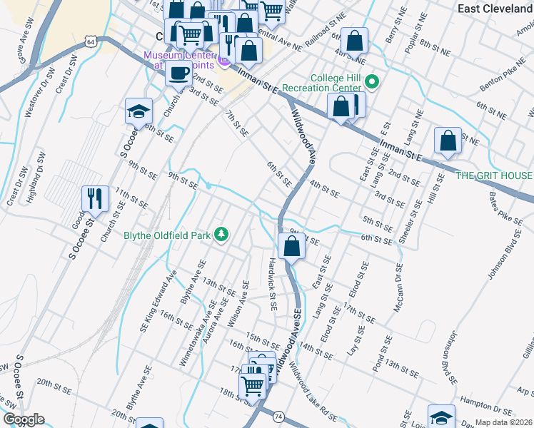 map of restaurants, bars, coffee shops, grocery stores, and more near 9TH Green Shadow Road Southeast in Cleveland