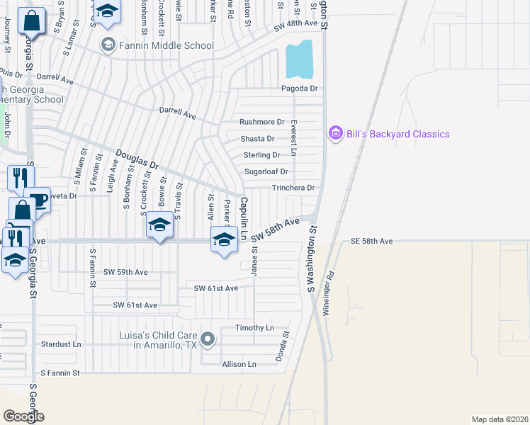 map of restaurants, bars, coffee shops, grocery stores, and more near 5320 Wheeler Lane in Amarillo