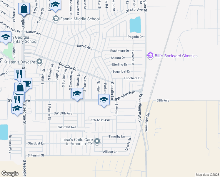 map of restaurants, bars, coffee shops, grocery stores, and more near 5321 Capulin Lane in Amarillo