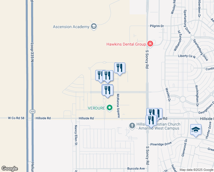 map of restaurants, bars, coffee shops, grocery stores, and more near 1000 Time Square in Amarillo