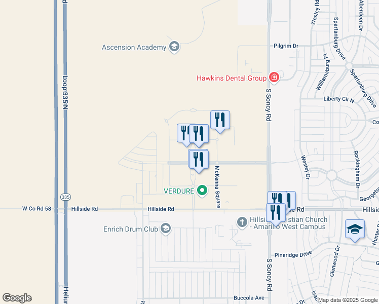 map of restaurants, bars, coffee shops, grocery stores, and more near 1000 Time Square in Amarillo