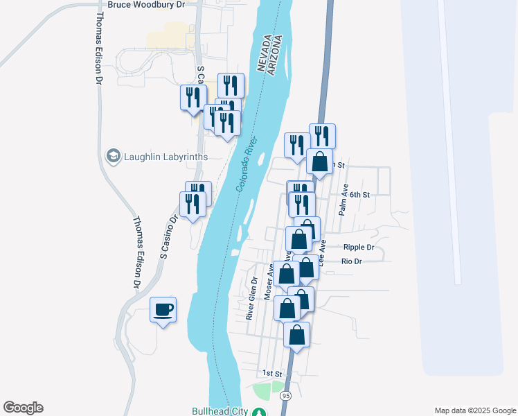 map of restaurants, bars, coffee shops, grocery stores, and more near 231 Moser Avenue in Bullhead City
