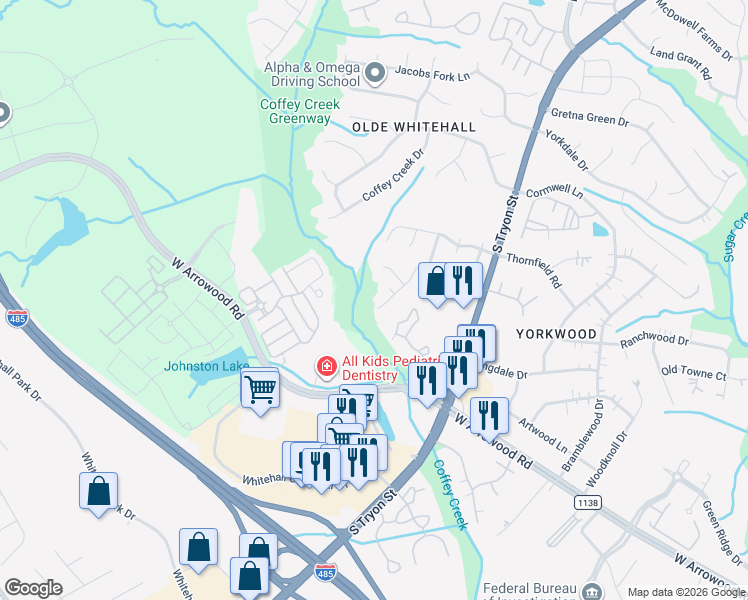 map of restaurants, bars, coffee shops, grocery stores, and more near 7618 Fallow Lane in Charlotte