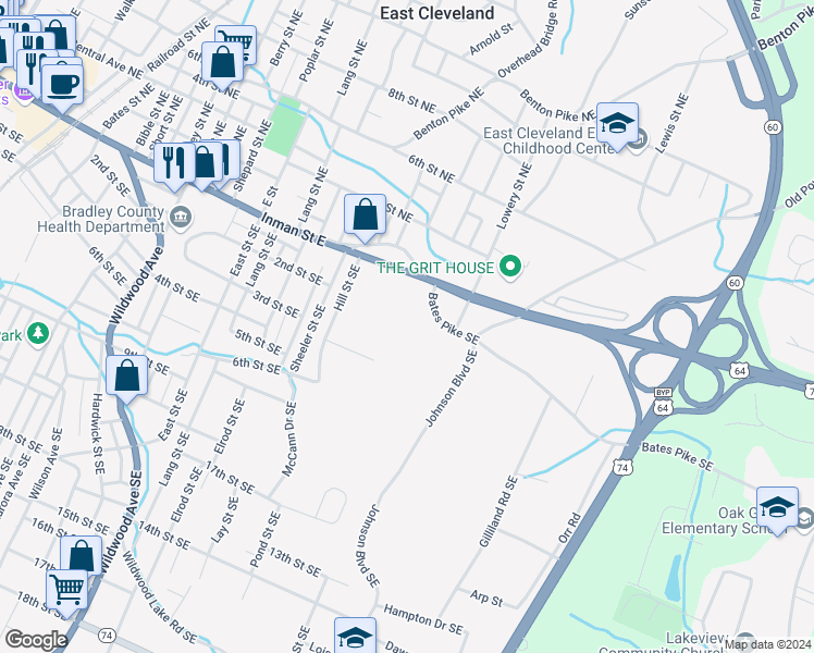 map of restaurants, bars, coffee shops, grocery stores, and more near 2020 Bates Pike Southeast in Cleveland