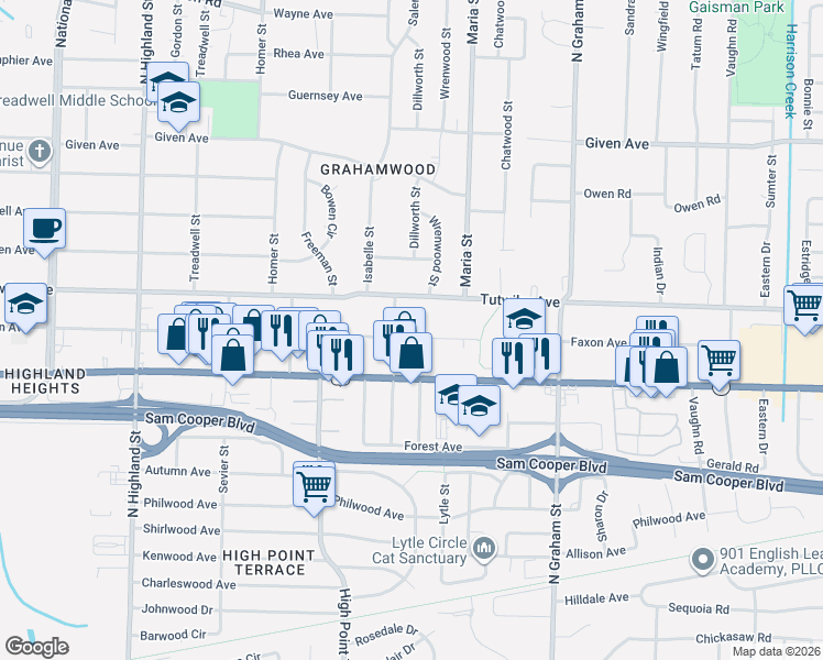 map of restaurants, bars, coffee shops, grocery stores, and more near 3808 Faxon Avenue in Memphis