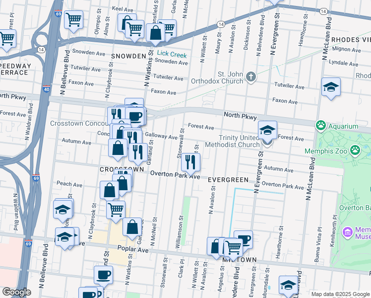 map of restaurants, bars, coffee shops, grocery stores, and more near 468 Stonewall Street in Memphis