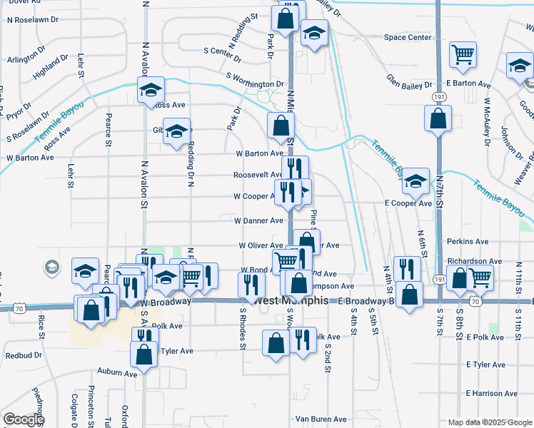 map of restaurants, bars, coffee shops, grocery stores, and more near 111 West Danner Avenue in West Memphis