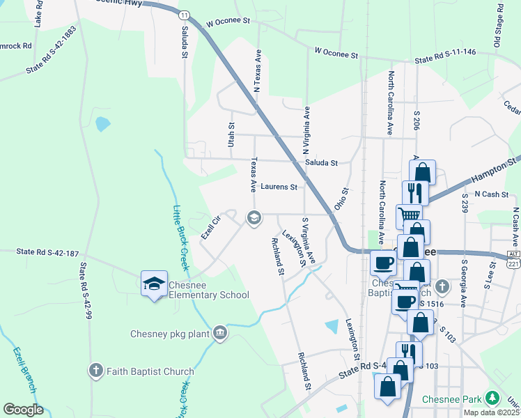 map of restaurants, bars, coffee shops, grocery stores, and more near 524 Fairfield Street in Chesnee